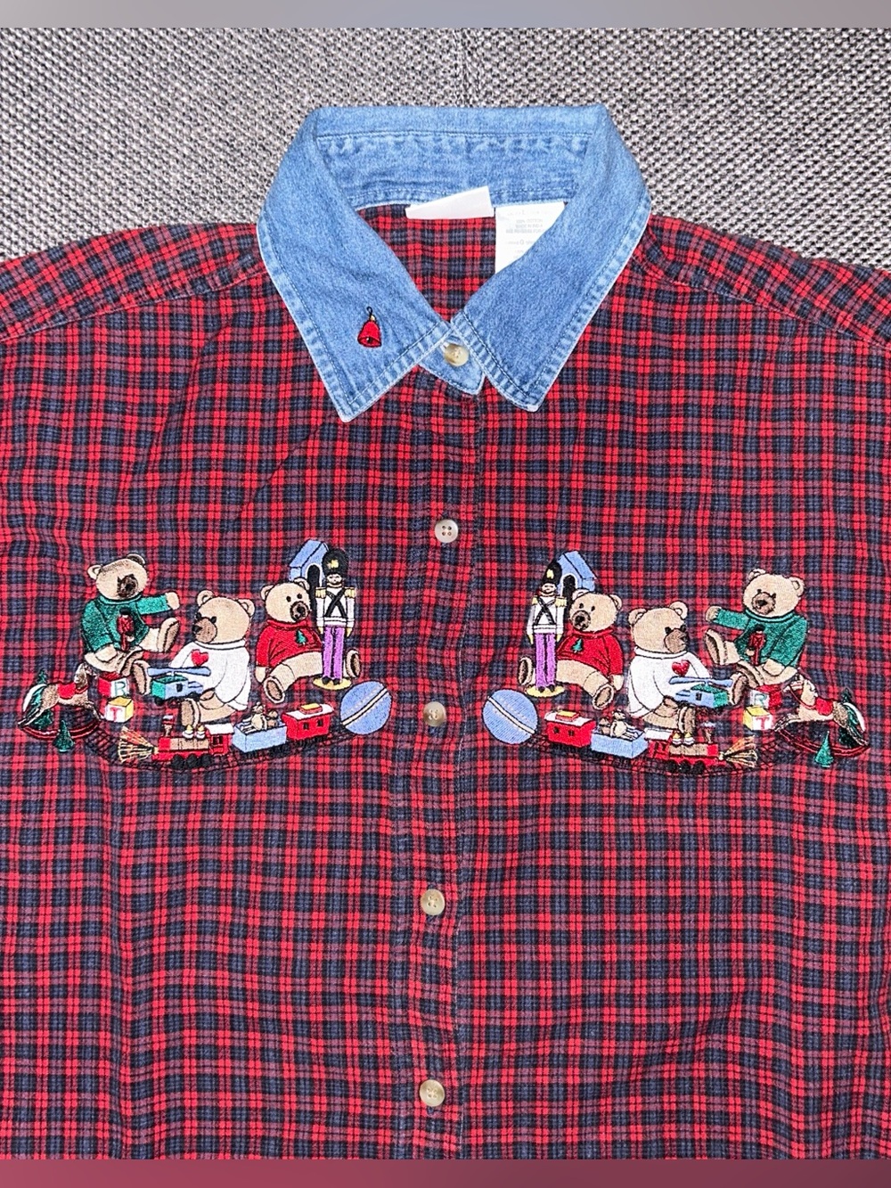 90s Plaid Button-Up Shirt with Embroidered Bears